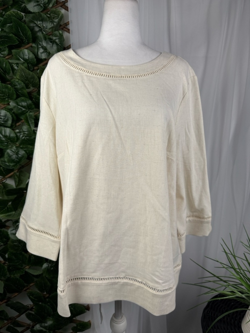 Norm Thompson Cream Boatneck Knit with Openwork Trim